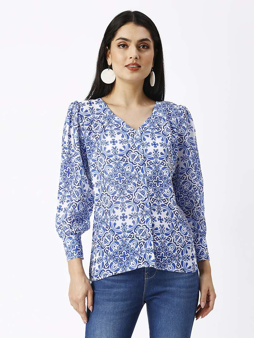 women printed v neck puff sleeve shirt - 21569576 -  Zoom Image - 0