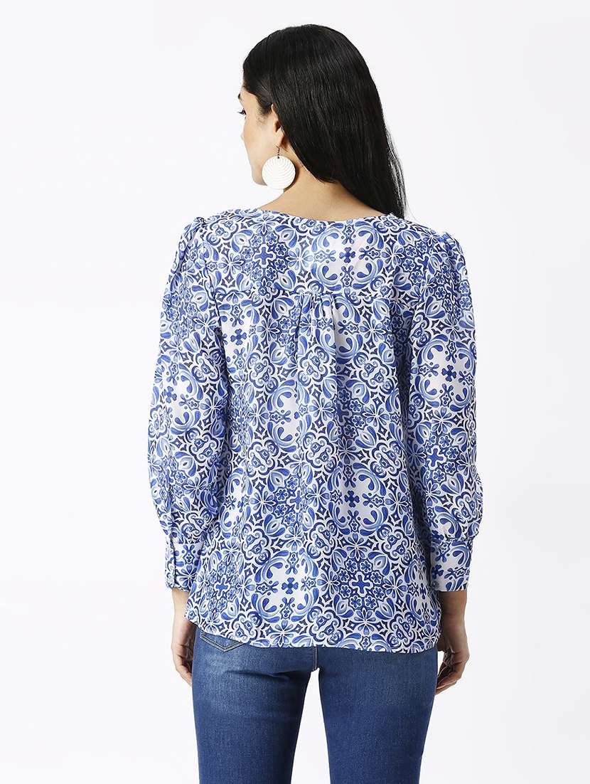 women printed v neck puff sleeve shirt - 21569576 - Standard Image - 3