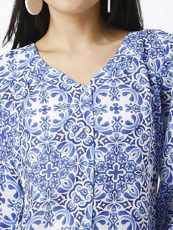 women printed v neck puff sleeve shirt - 21569576 - Standard Image - 5