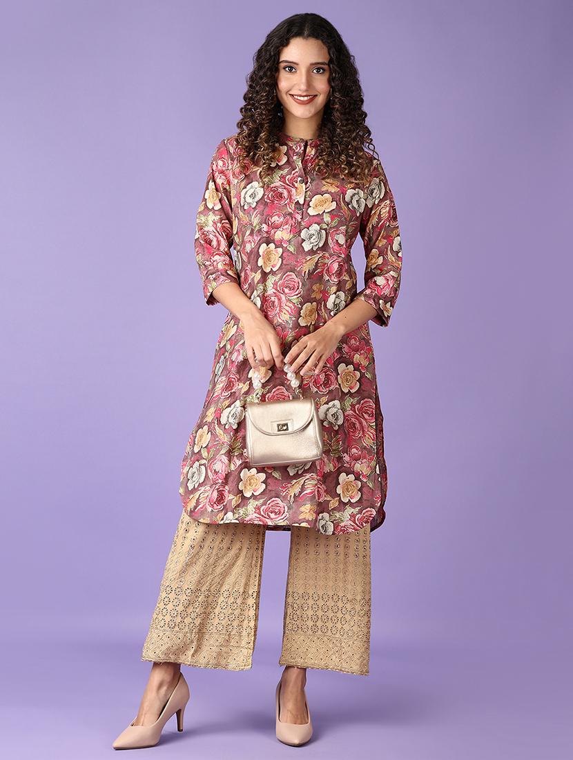 women floral mandarin neck straight kurta - 21569660 - Standard Image - 3