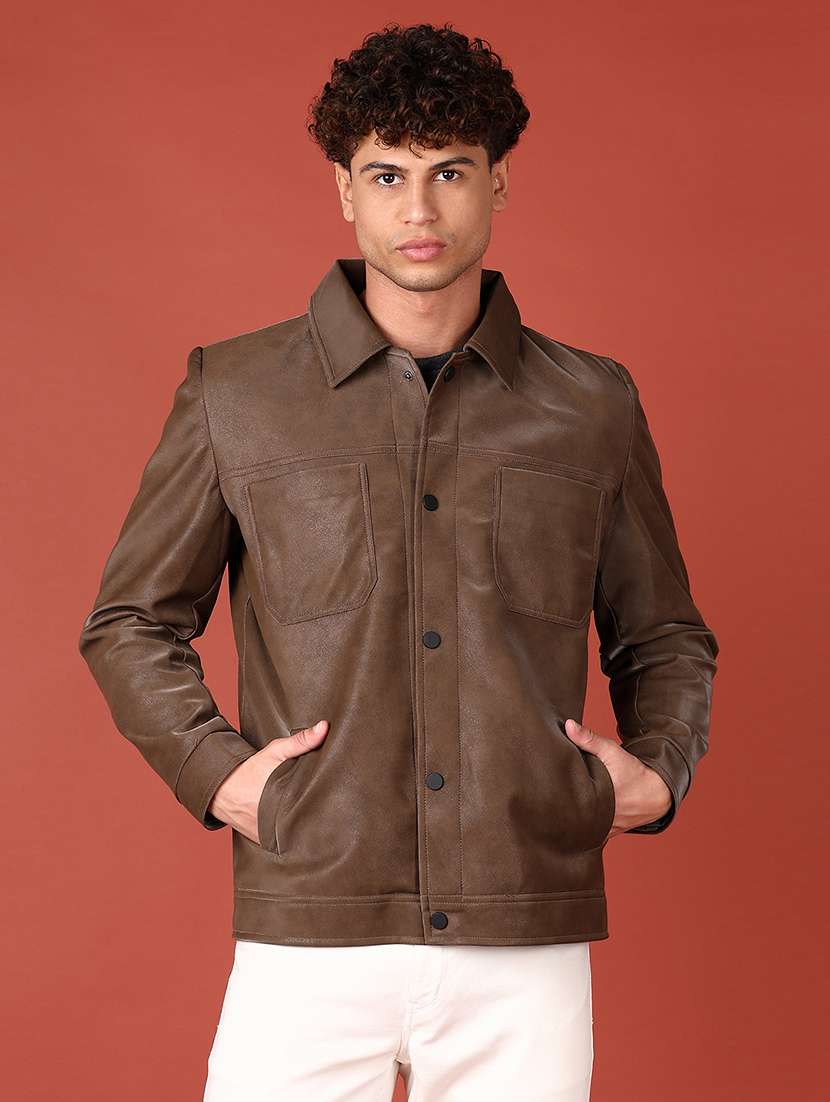 men brown solid long sleeve biker jacket