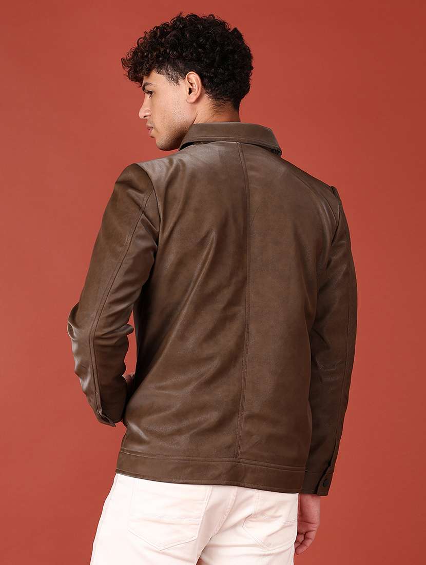 men brown solid long sleeve biker jacket - 21569672 -  Standard Image - 3