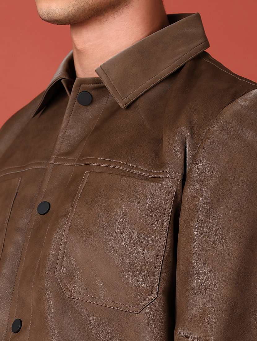 men brown solid long sleeve biker jacket - 21569672 -  Standard Image - 5