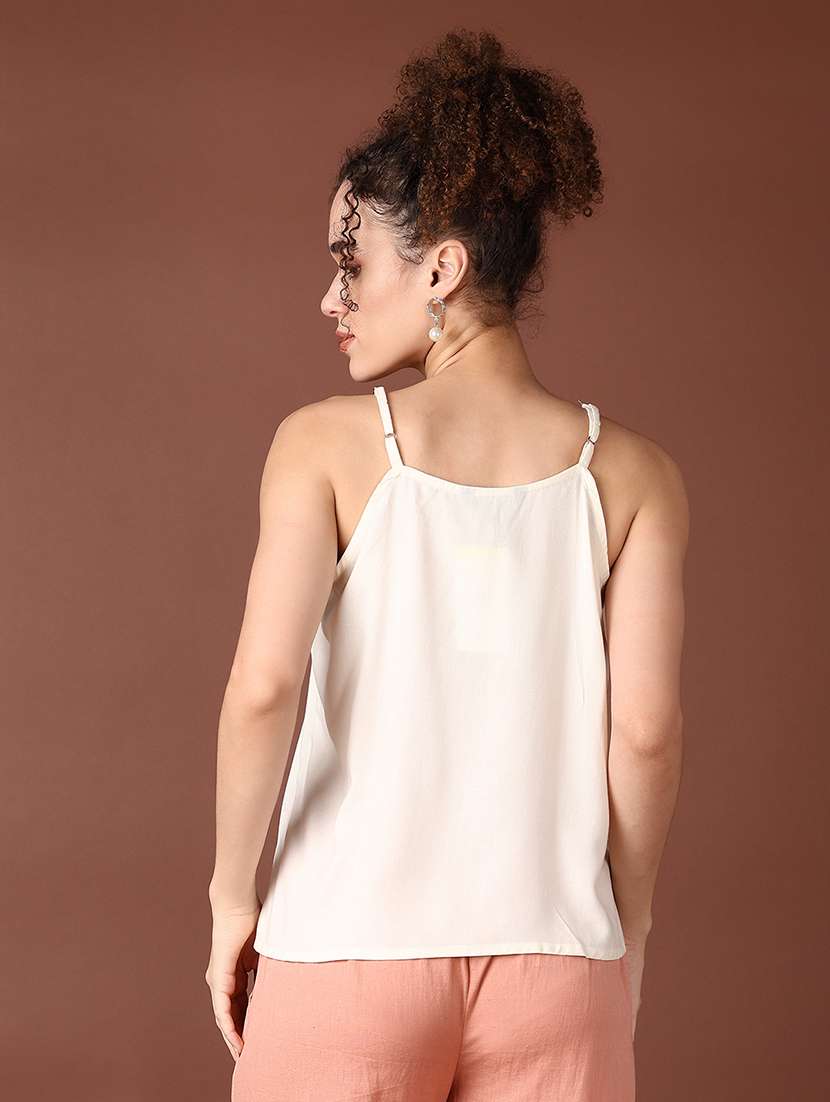 women solid shoulder strap neck top - 21569686 -  Standard Image - 3