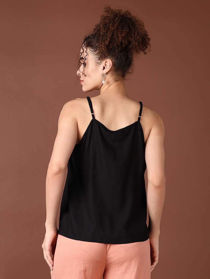 women solid shoulder strap neck top - 21569687 -  Standard Image - 3