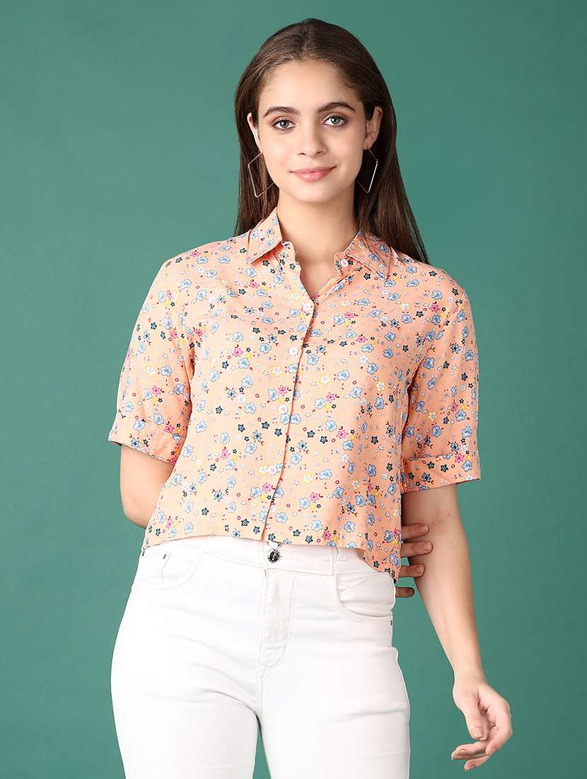 women peach floral printed crop shirt