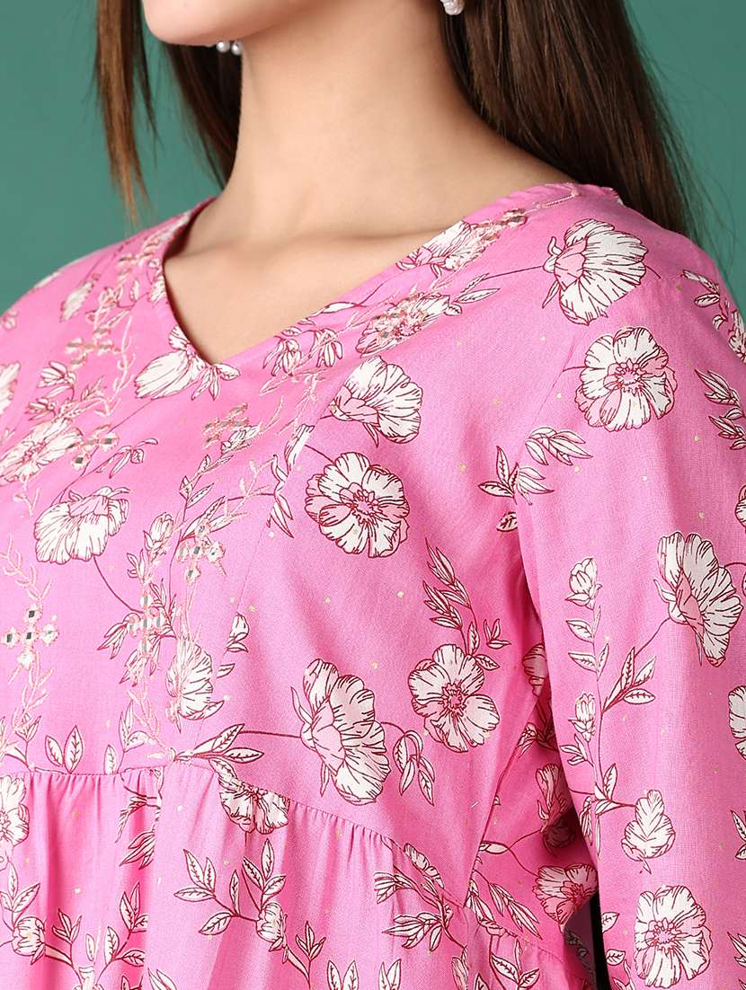 women floral three quarter sleeve a-line kurti - 21569985 -  Standard Image - 5