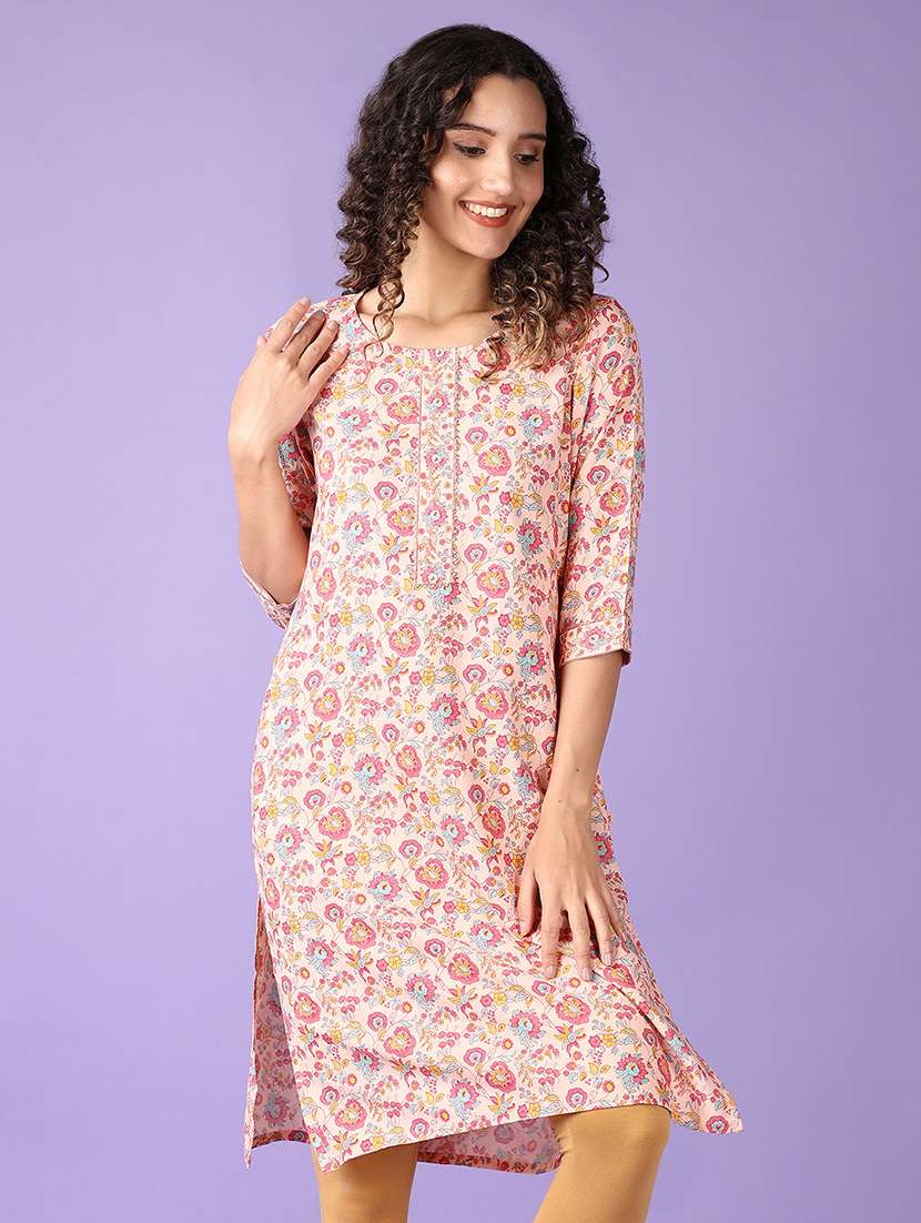women floral three quarter sleeve straight kurta - 21569996 - Zoom Image - 0