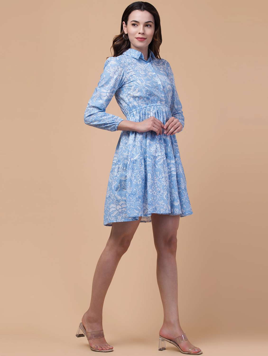 women floral printed light blue fit & flare dress - 21570344 - Standard Image - 3