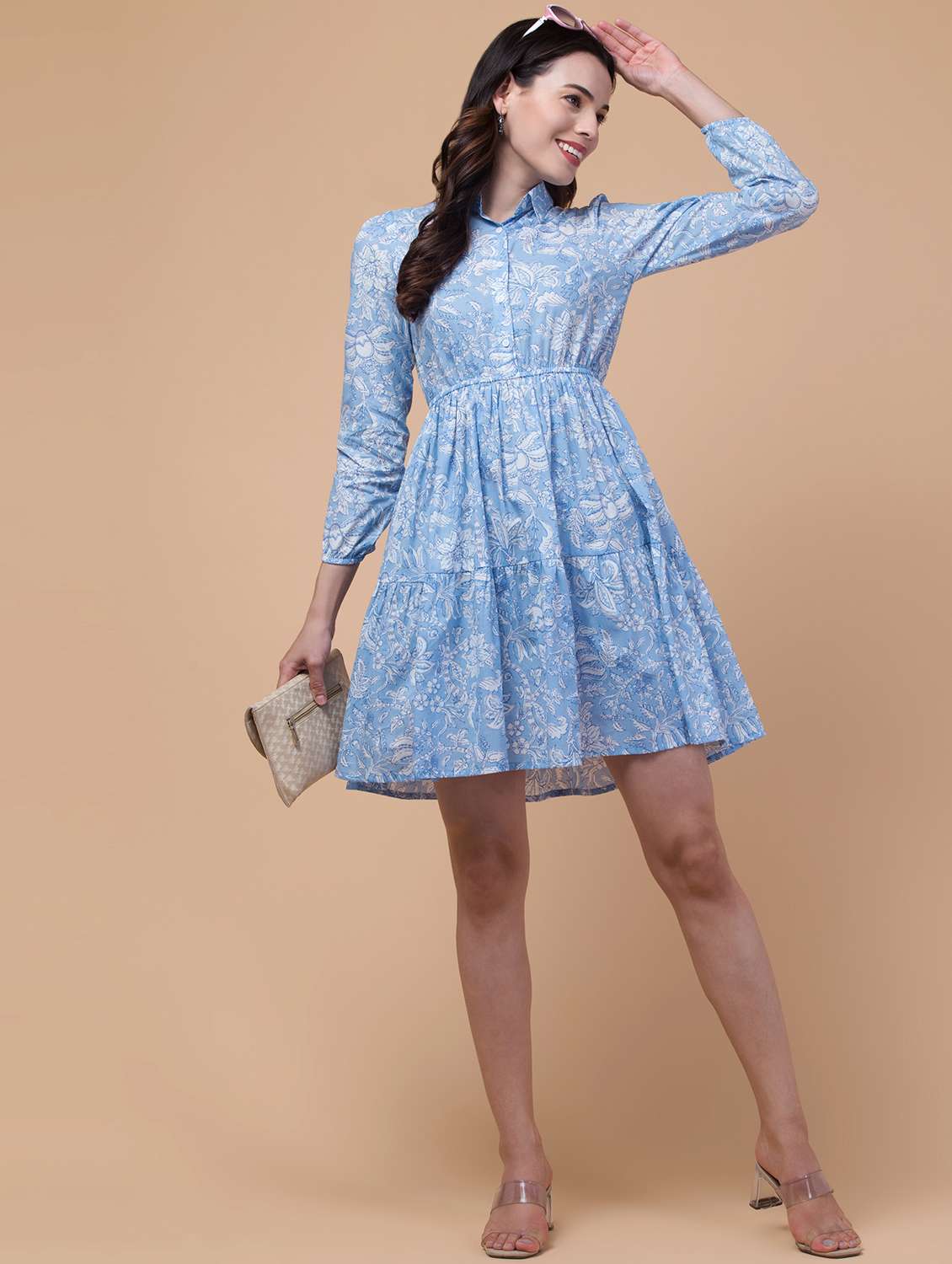 women floral printed light blue fit & flare dress - 21570344 - Standard Image - 5