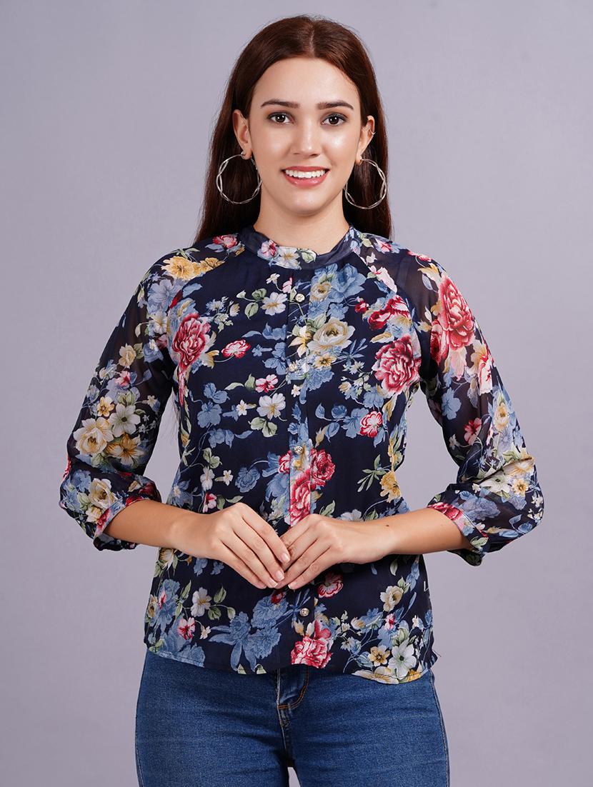 women navy blue floral printed regular top - 21570489 -  Zoom Image - 0