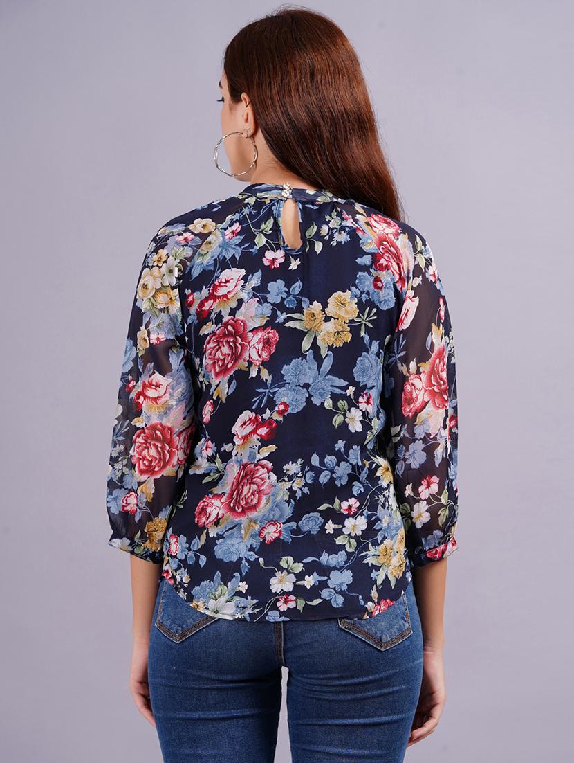 women navy blue floral printed regular top - 21570489 - Standard Image - 3