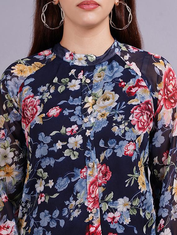 women navy blue floral printed regular top - 21570489 - Standard Image - 5