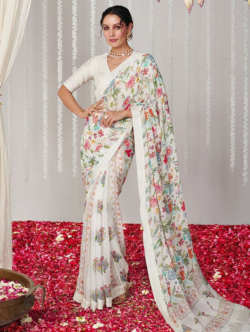 women off-white floral printed saree with blouse - 21570567 - Zoom Image - 0