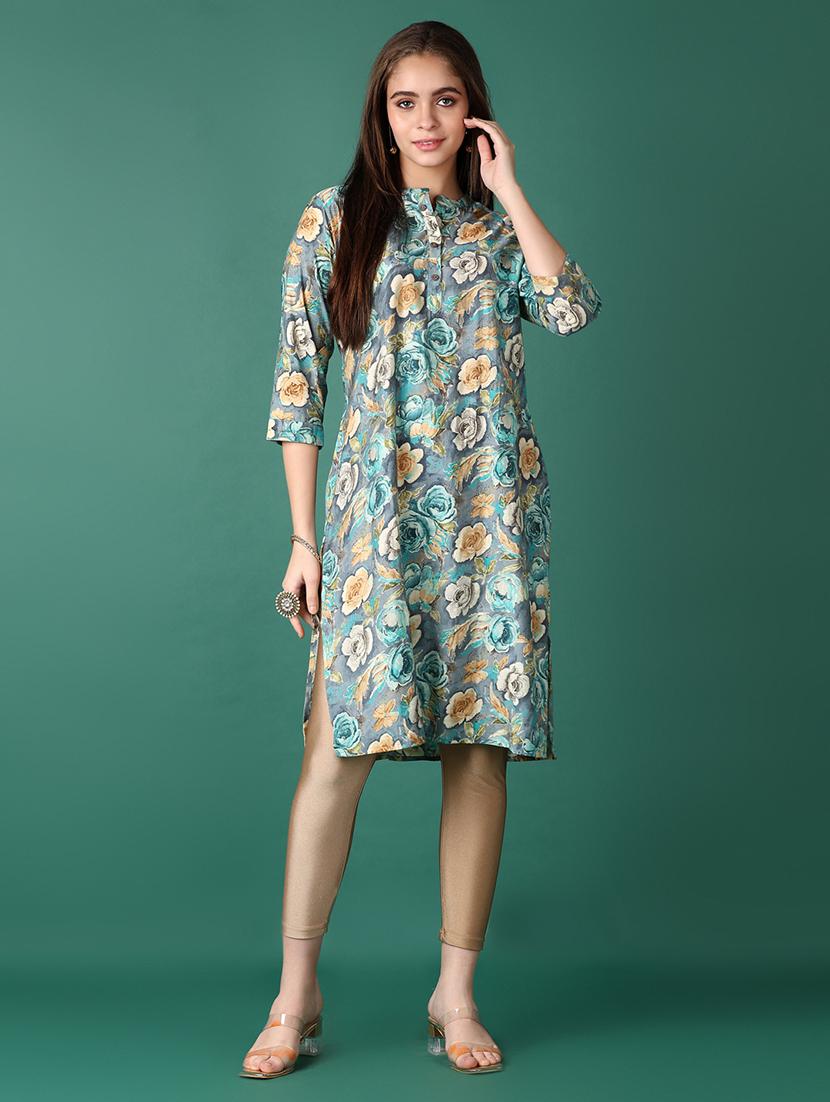 women floral three quarter sleeve straight kurta - 21570674 -  Zoom Image - 0
