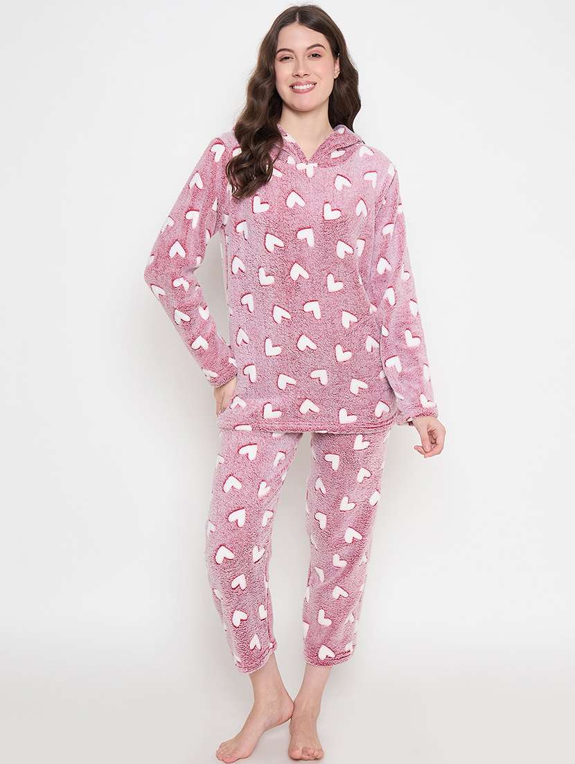 women self designed hooded pyjama nightwear set