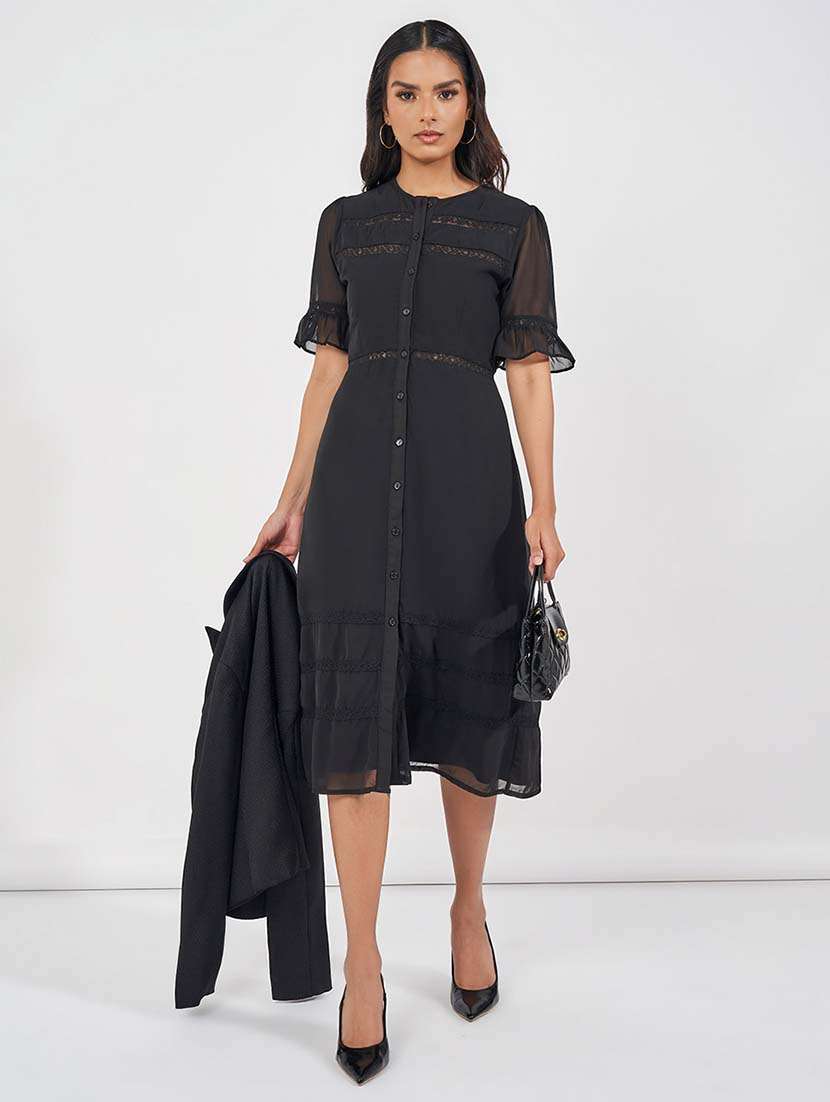 women black solid a-line dress