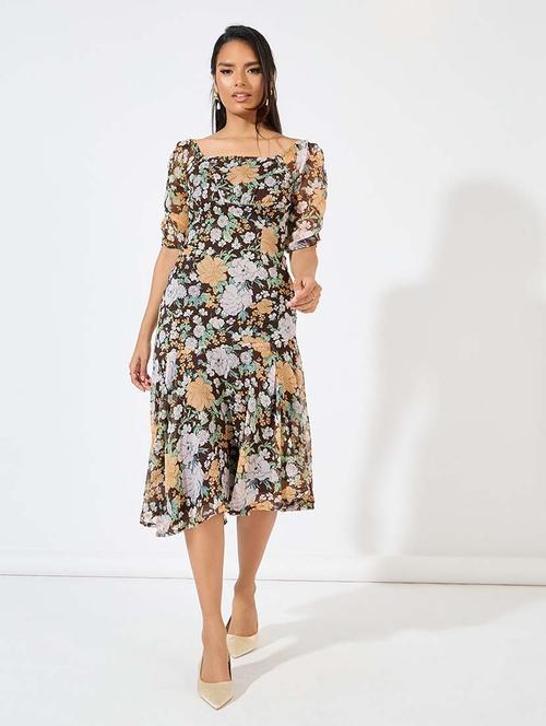 women brown floral printed asymmetric dress - 21571421 - Standard Image - 0