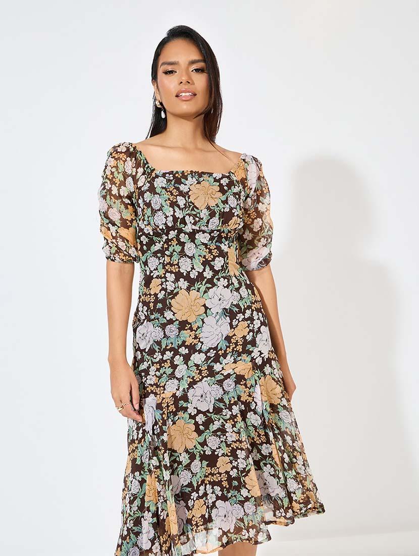 women brown floral printed asymmetric dress - 21571421 - Standard Image - 3