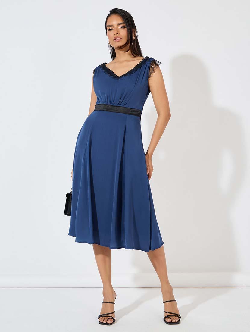 women navy blue solid a-line dress