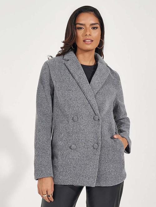 women grey solid double breasted blazer - 21571469 - Standard Image - 0