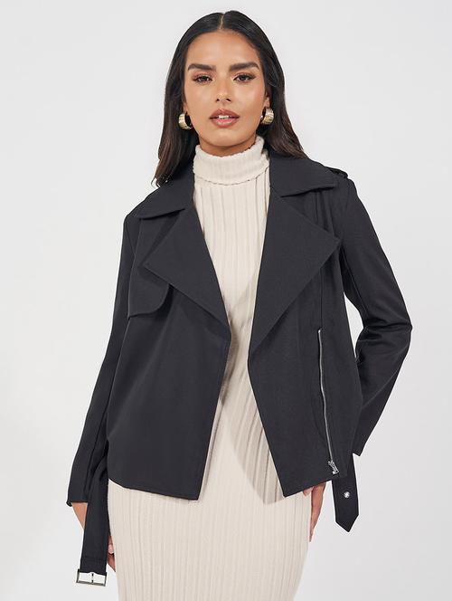 women black solid biker jacket - 21571472 - Standard Image - 0