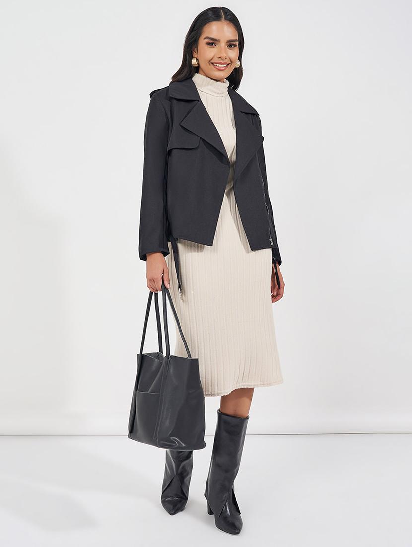 women black solid biker jacket - 21571472 - Standard Image - 3