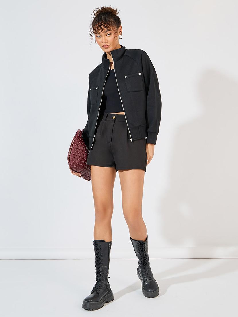 women black solid biker jacket - 21571483 - Standard Image - 3