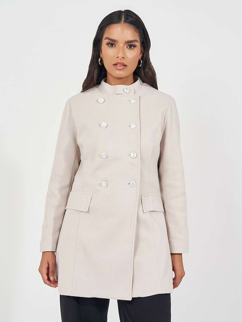 women beige solid overcoat 