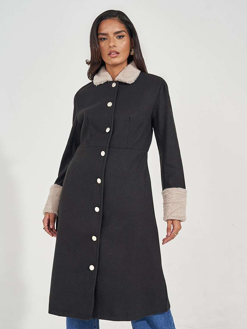 women black solid overcoat - 21571498 - Standard Image - 3