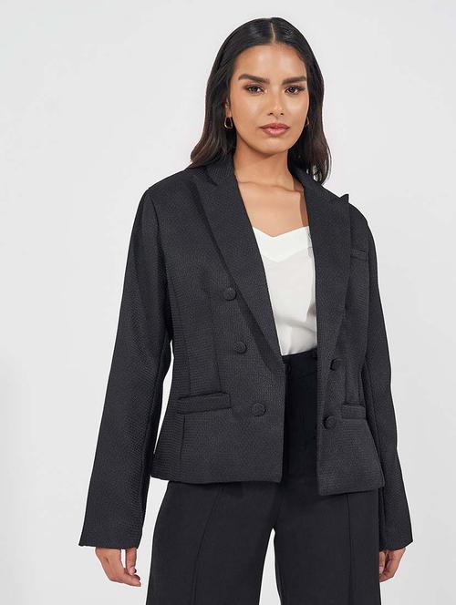 women black solid double breasted blazer - 21571531 -  Standard Image - 0