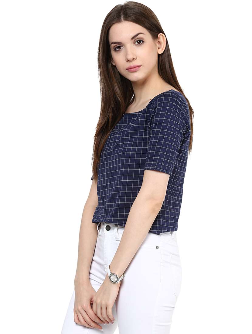 women navy blue checks regular top - 21571616 - Zoom Image - 0