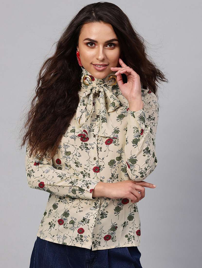women beige printed regular top