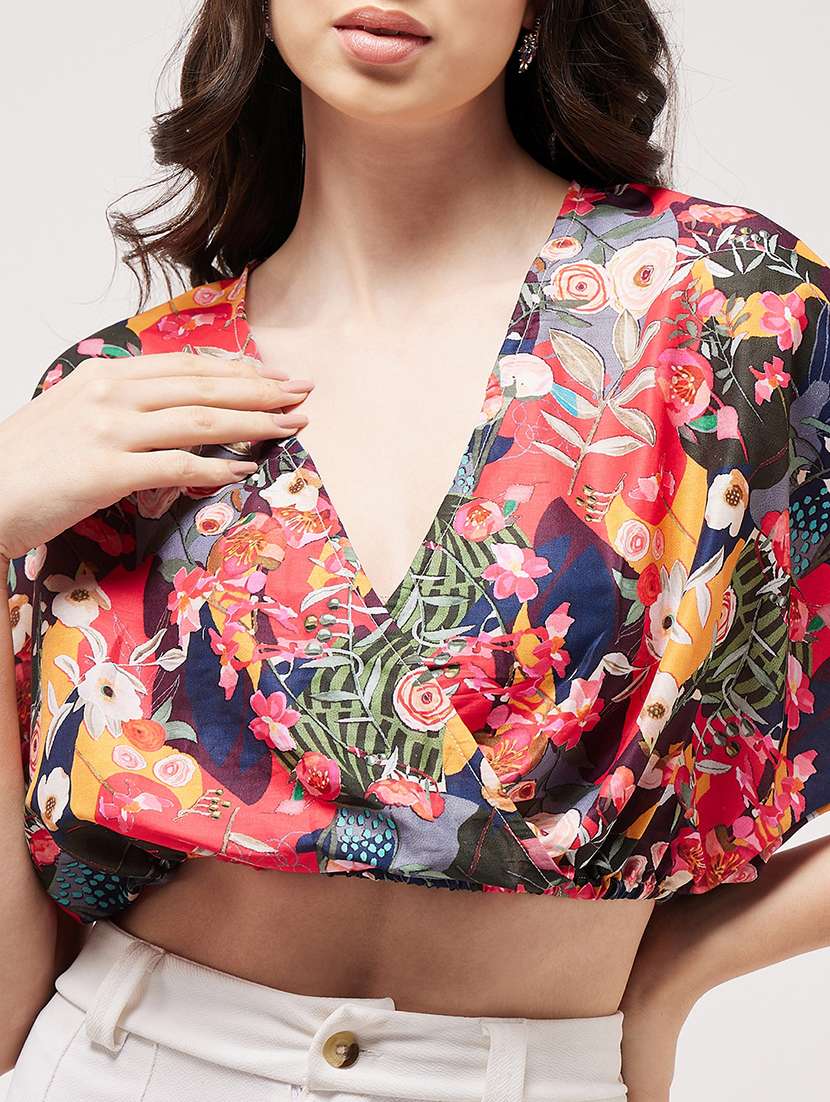 women v-neck printed crop top - 21571659 - Standard Image - 5