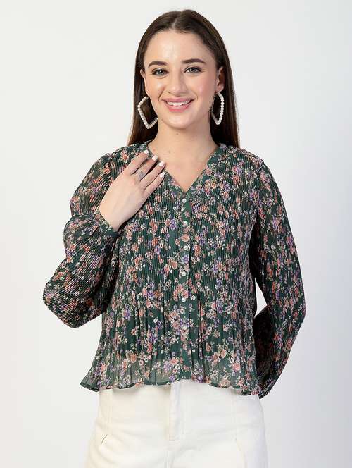 women bottle green floral printed regular top - 21571960 - Standard Image - 0