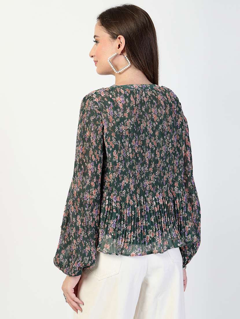 women bottle green floral printed regular top - 21571960 - Standard Image - 3