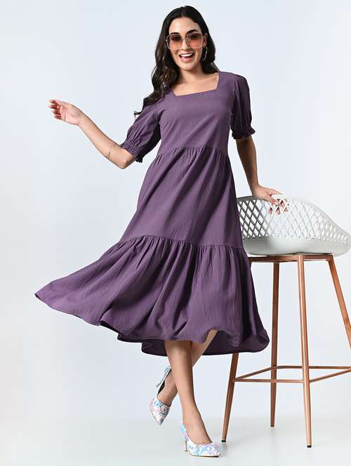 women solid smocked detailed tiered dress - 21571968 - Standard Image - 0
