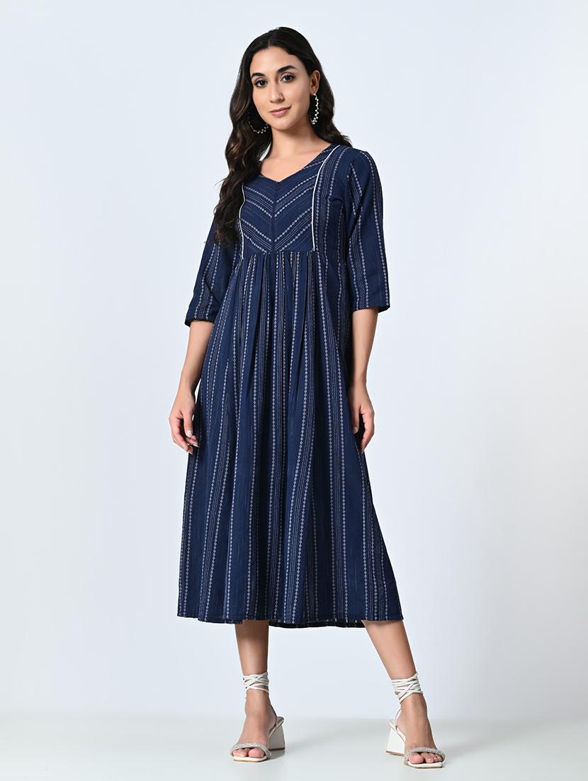 women blue stripes a-line dress