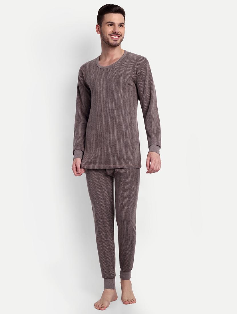 men solid long sleeve round neck top & bottom thermal set - 21572021 - Zoom Image - 0