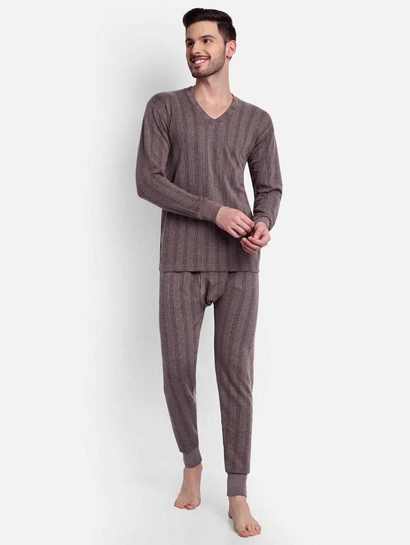 men solid long sleeve v neck top & bottom thermal set - 21572026 - Zoom Image - 0