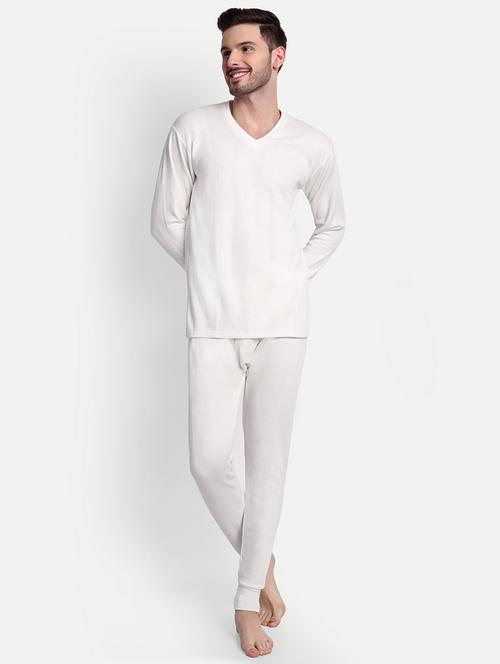 men solid long sleeve v neck top & bottom thermal set - 21572030 - Standard Image - 0
