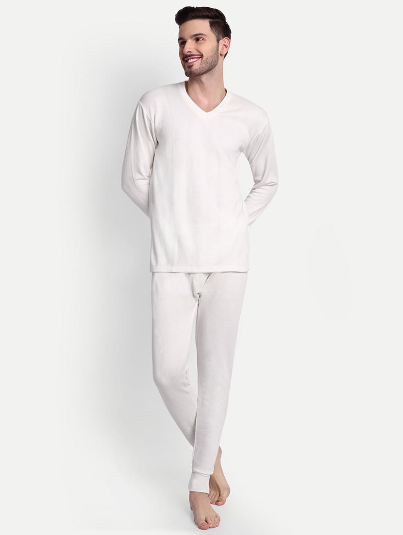 men solid long sleeve v neck top & bottom thermal set - 21572030 - Zoom Image - 0