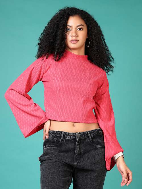 women pink self design long sleeve crop top - 21572210 -  Standard Image - 0