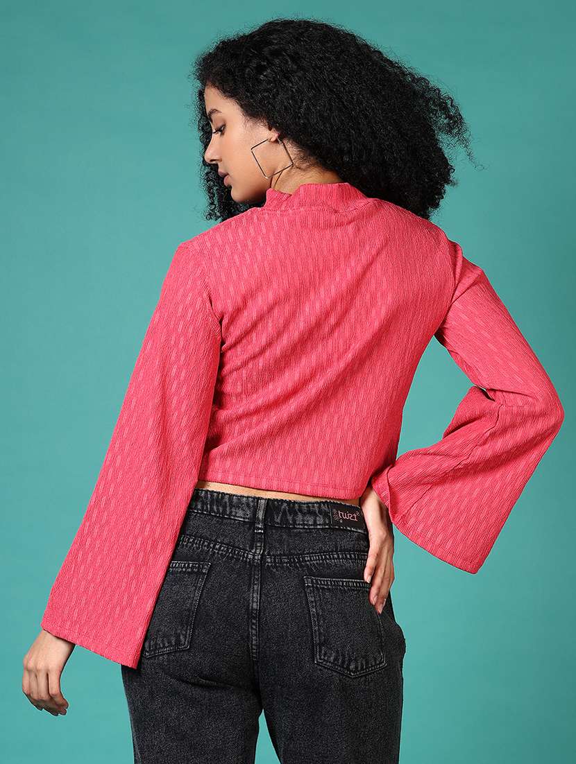 women pink self design long sleeve crop top - 21572210 -  Standard Image - 3