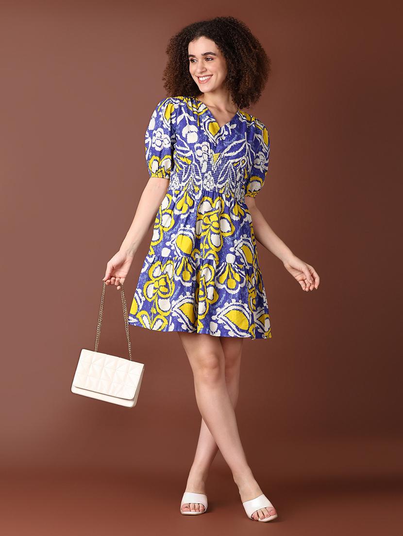 women blue printed puff sleeve tiered dress - 21572219 - Standard Image - 3