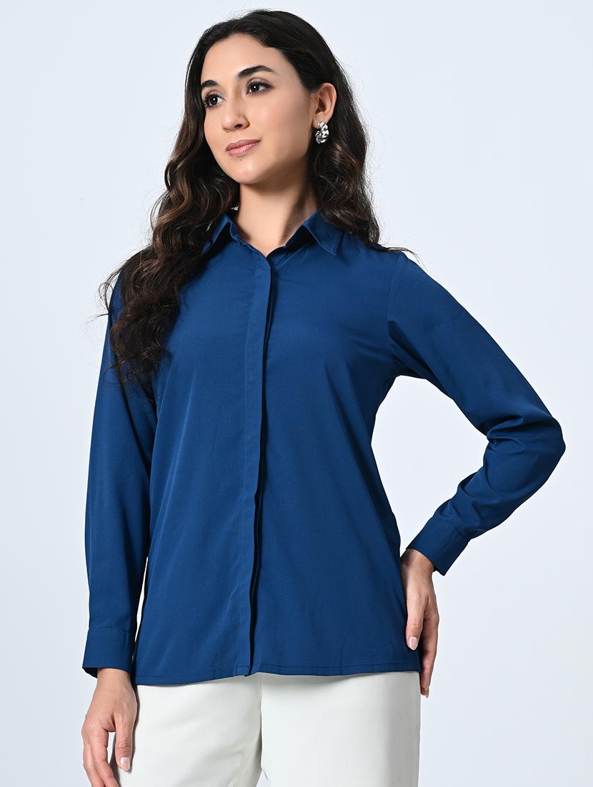 women teal blue plain long sleeve formal shirt - 21572419 -  Zoom Image - 0