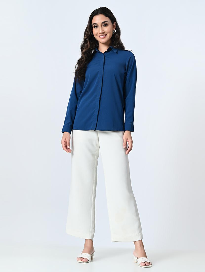 women teal blue plain long sleeve formal shirt - 21572419 - Standard Image - 5