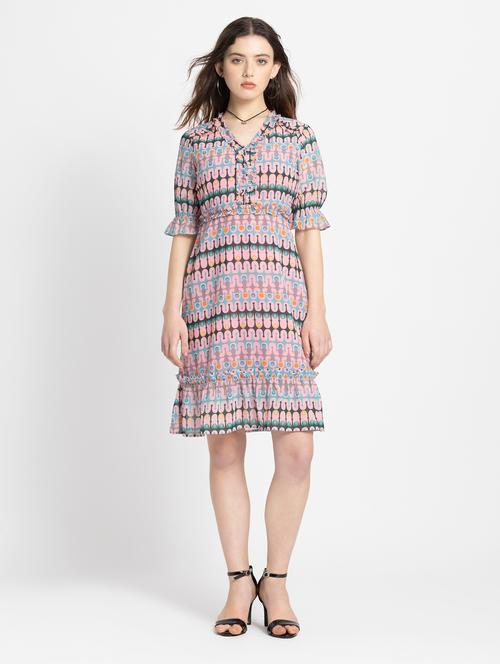 women printed v-neck a-line dress - 21572761 - Standard Image - 0
