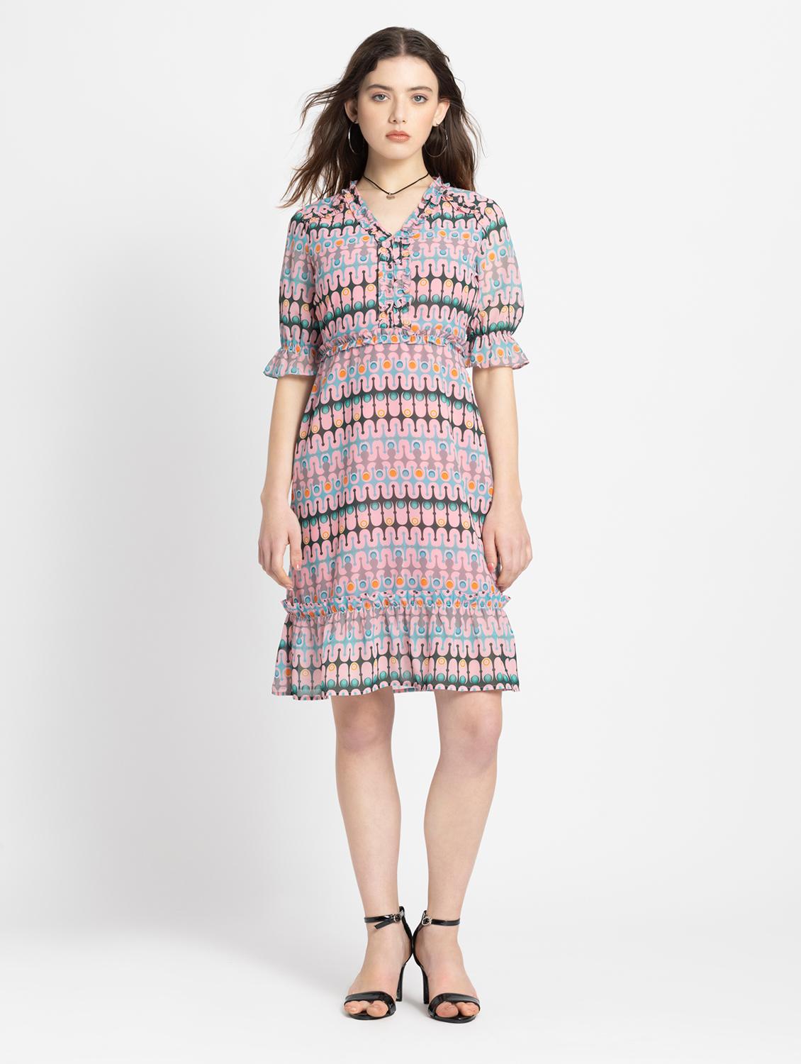 women printed v-neck a-line dress - 21572761 - Zoom Image - 0