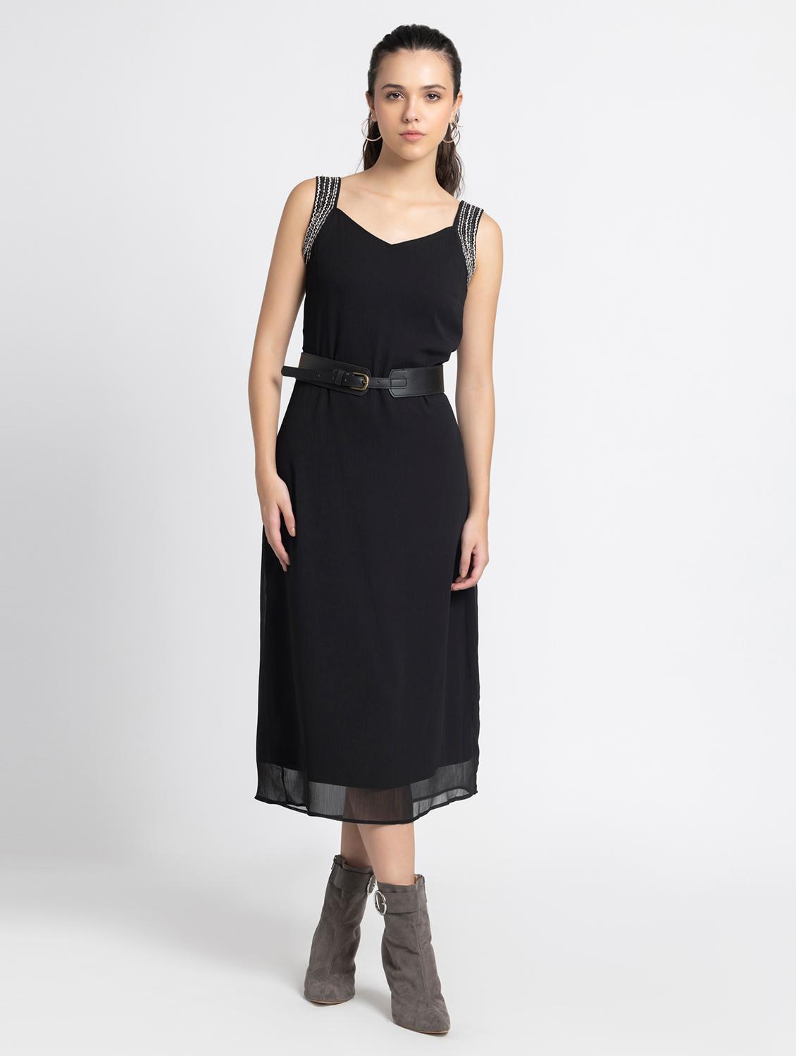 women black solid a-line dress